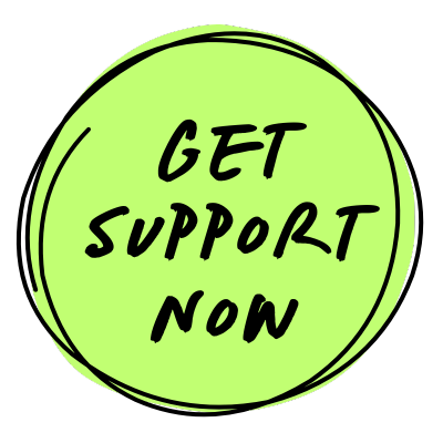Green circular badge with black handwritten text saying "GET SUPPORT NOW"