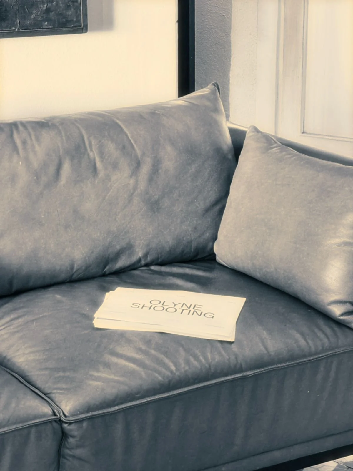 A gray leather sofa with two matching cushions, a window in the background, and a paper with the text 'Olyne Shooting' resting on the sofa.