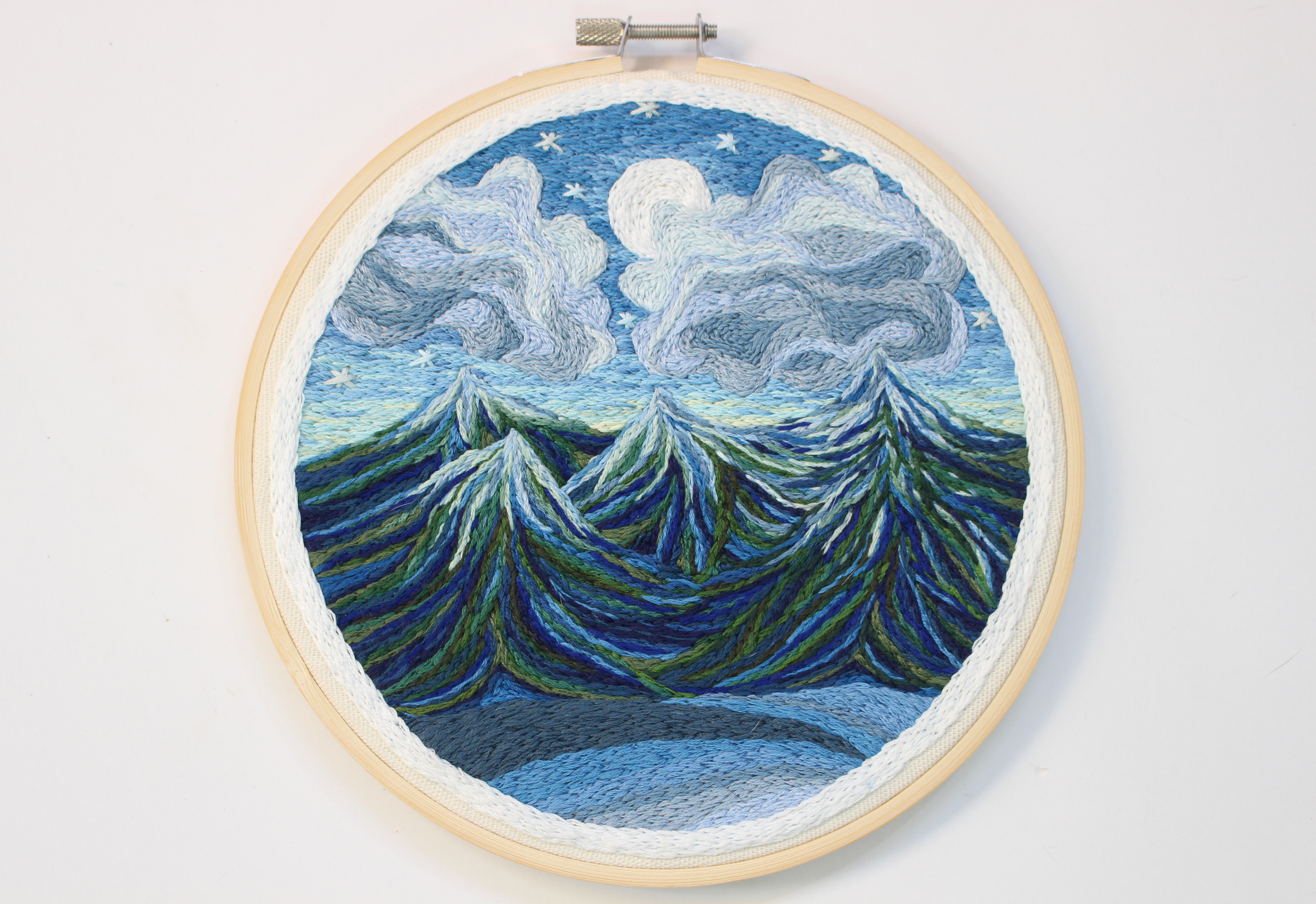 Nighttime Mountain Landscape, 7" Hand Embroidered Artwork