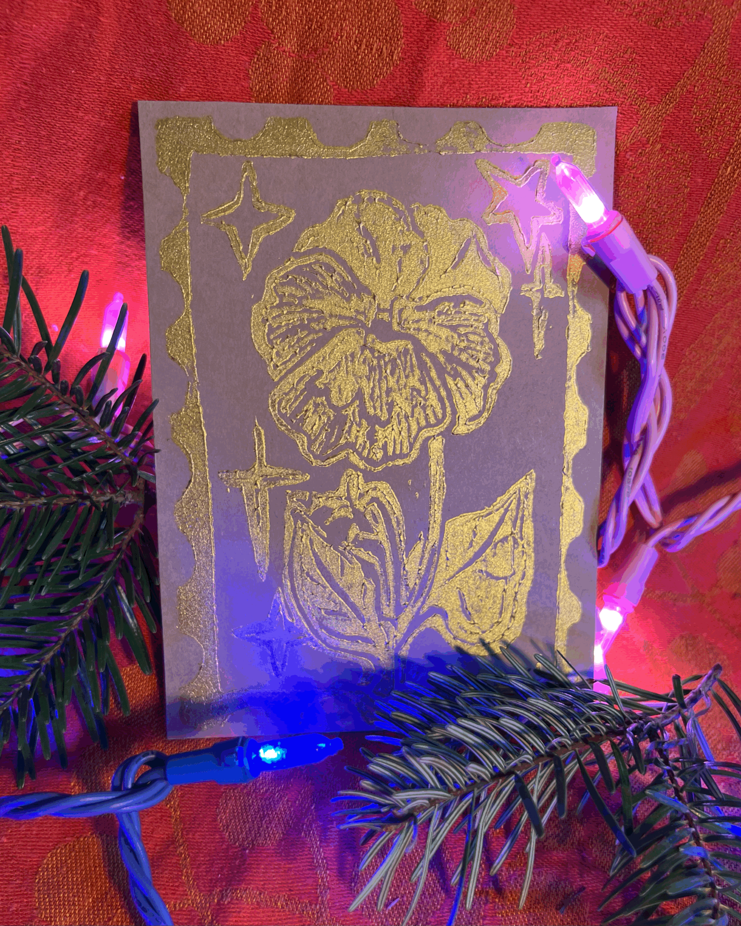 Gold Lino-Block Pansy Print