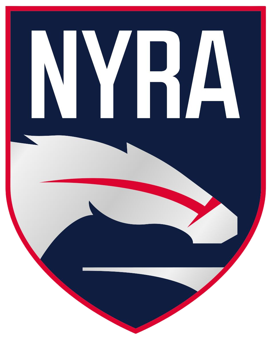 NYRA logo featuring a stylized horse head in navy, white, and red colors.