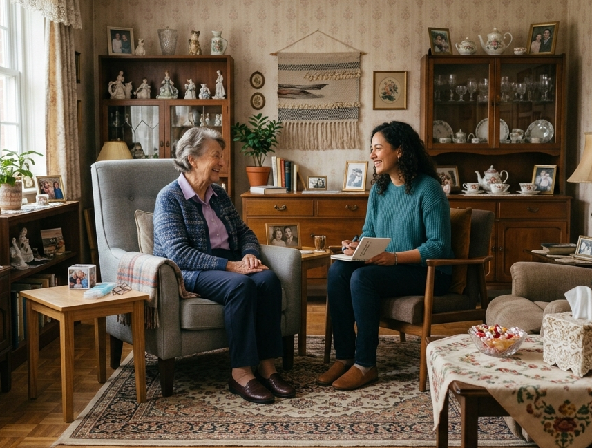 An older woman meets her MentalRest therapist in her home for a house call counseling session