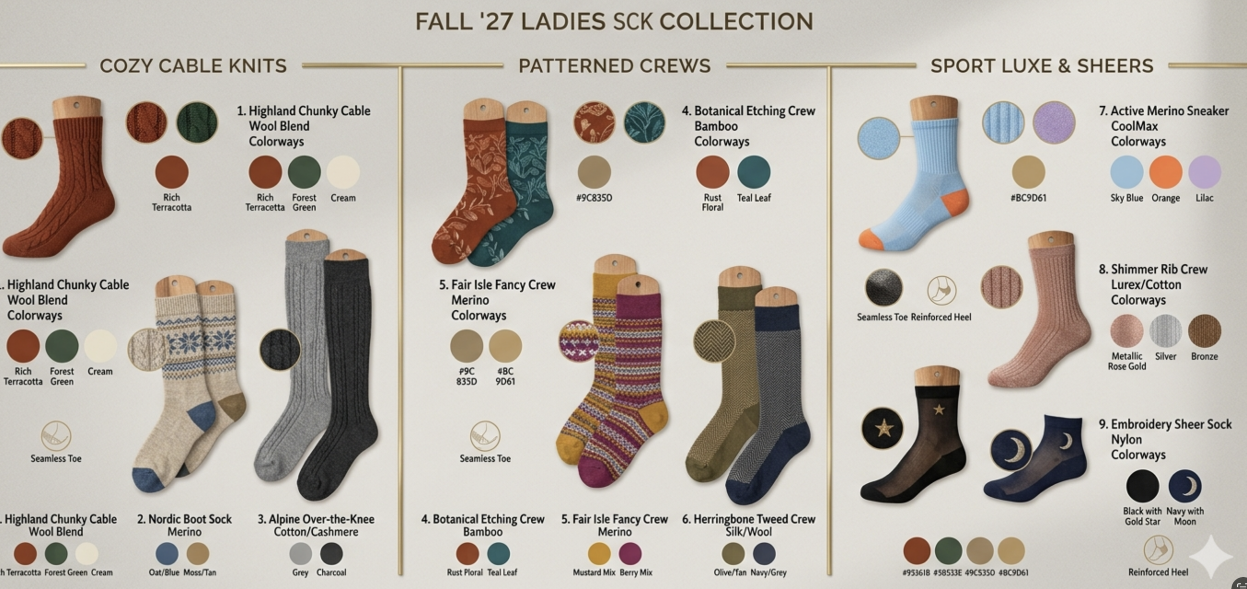 A chart displaying a fall 2027 ladies' sock collection divided into four categories: cozy cable knits, patterned crews, sport luxe & sheers, and embroidered sheer socks. Each category shows different sock styles with various color options, including rich terracotta, forest green, cream, teal leaf, rust floral, mustard mix, black star, and moon with gold star.