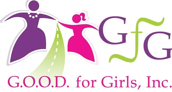 Logo of G.O.O.D. for Girls, Inc. featuring stylized purple and pink female figures holding hands and a green road, with the organization's name in pink text.