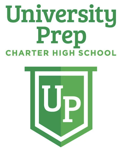Logo for University Prep Charter High School featuring green text and a shield emblem.