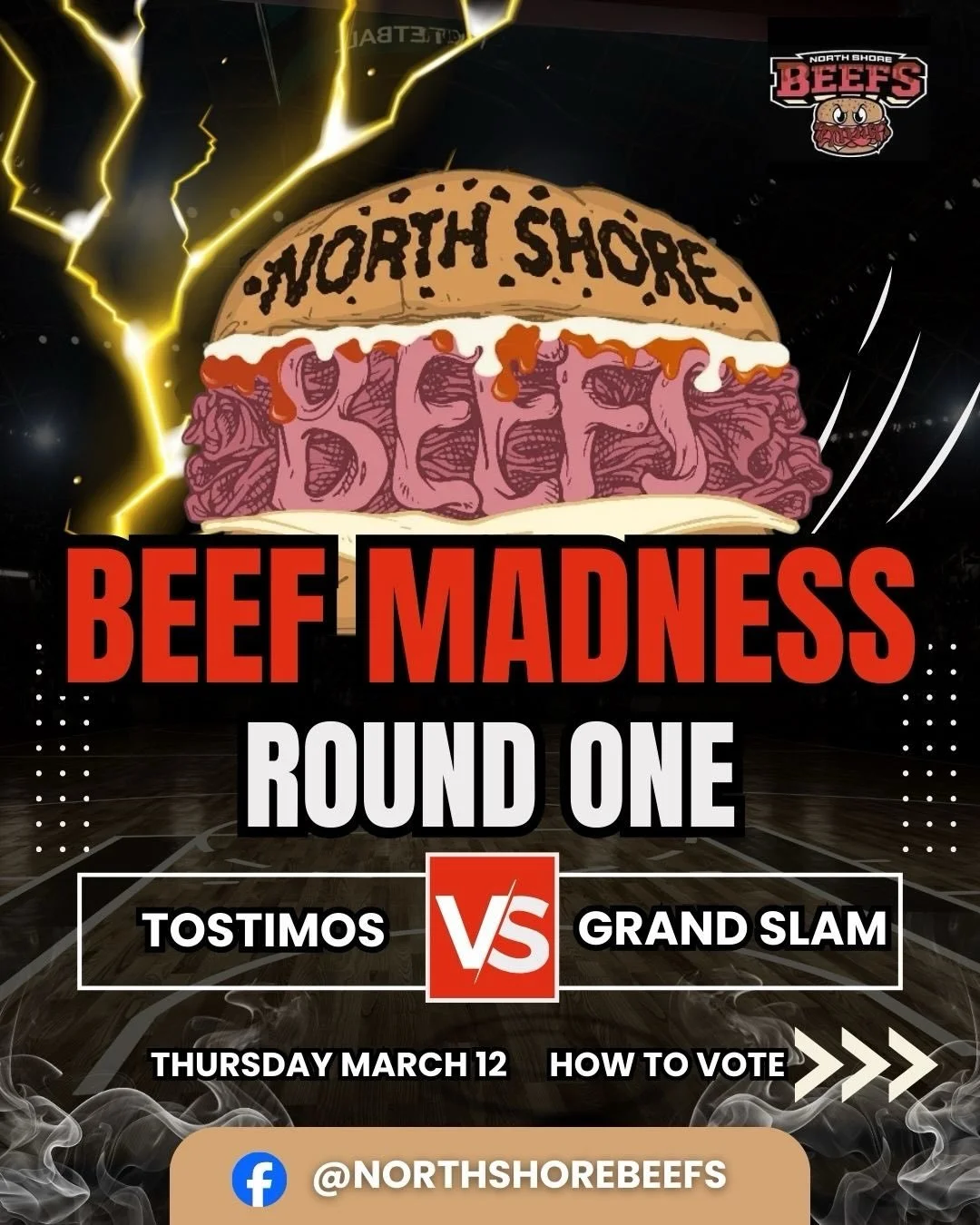 Beef Madness is officially here. 🥩🔥 Round 1 voting starts today.

Here&rsquo;s how to make your vote count:

1️⃣ Join the @northshorebeefs official Facebook page
2️⃣ Each matchup is posted as two photos (one for each shop)
3️⃣ When you see Tostimo&