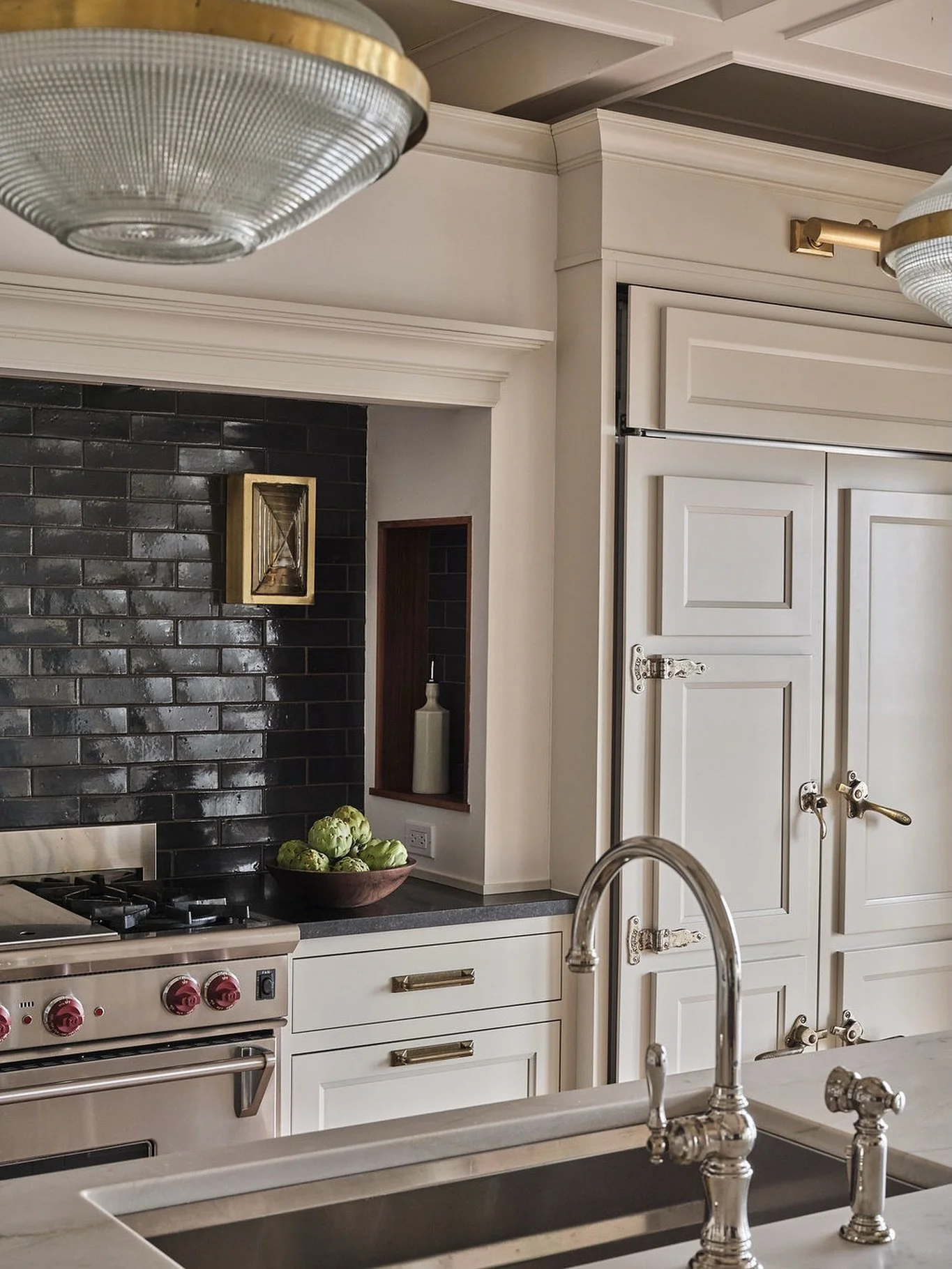 Polished nickel plumbing + antique brass lighting &amp; bronze hardware- my favorite mixed metal formula.