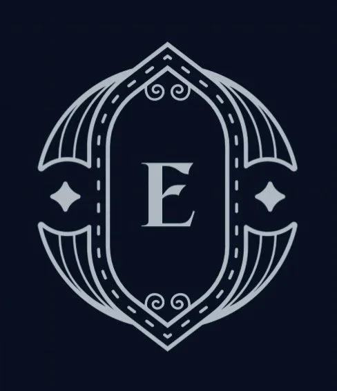 Decorative logo featuring a stylized letter E surrounded by symmetrical ornate patterns on a dark background.