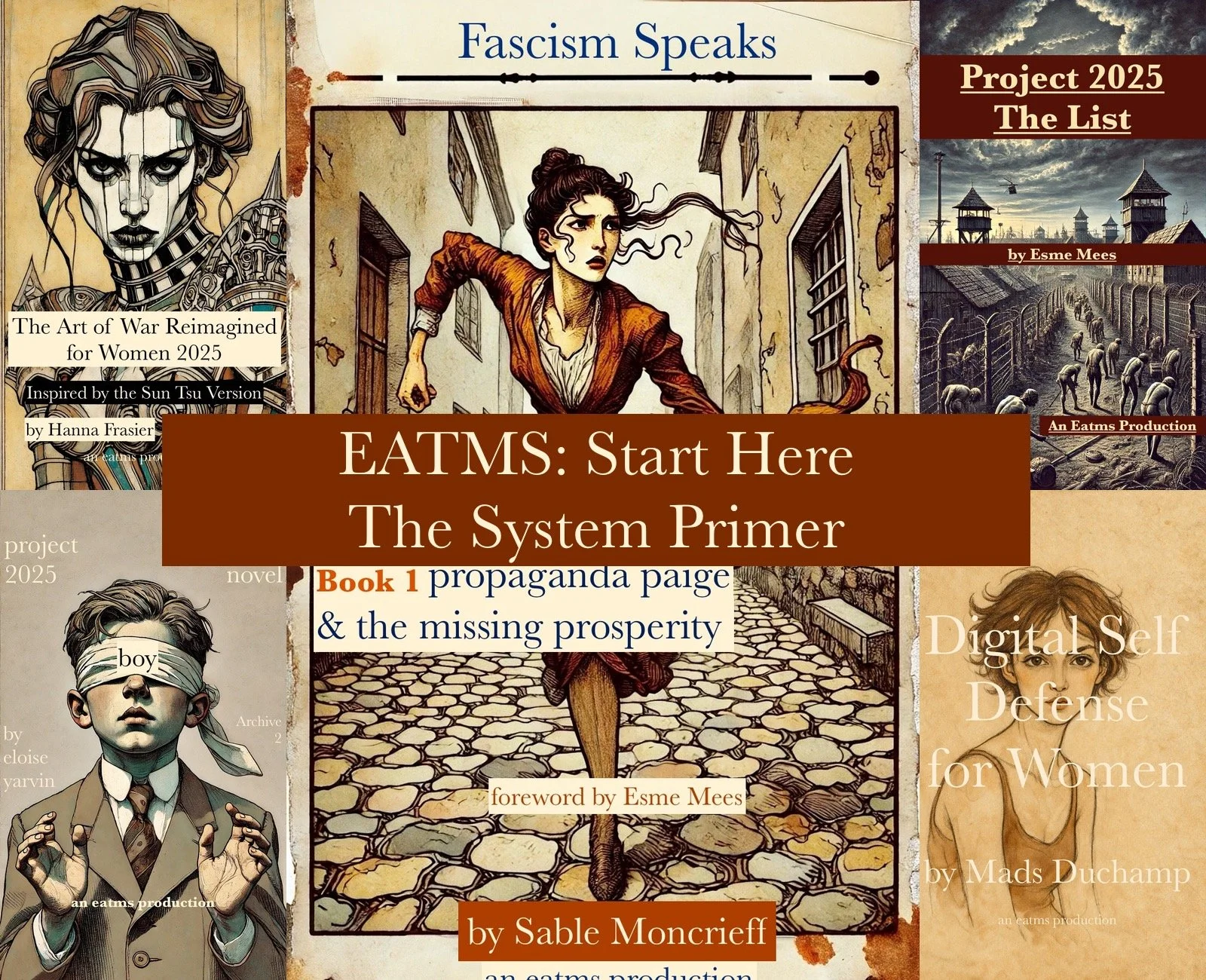 Collage of artwork and covers related to fascism, war, and women's issues with text overlay. Prominent text includes 'EATMS: Start Here The System Primer' and references to a book and project for 2025.
