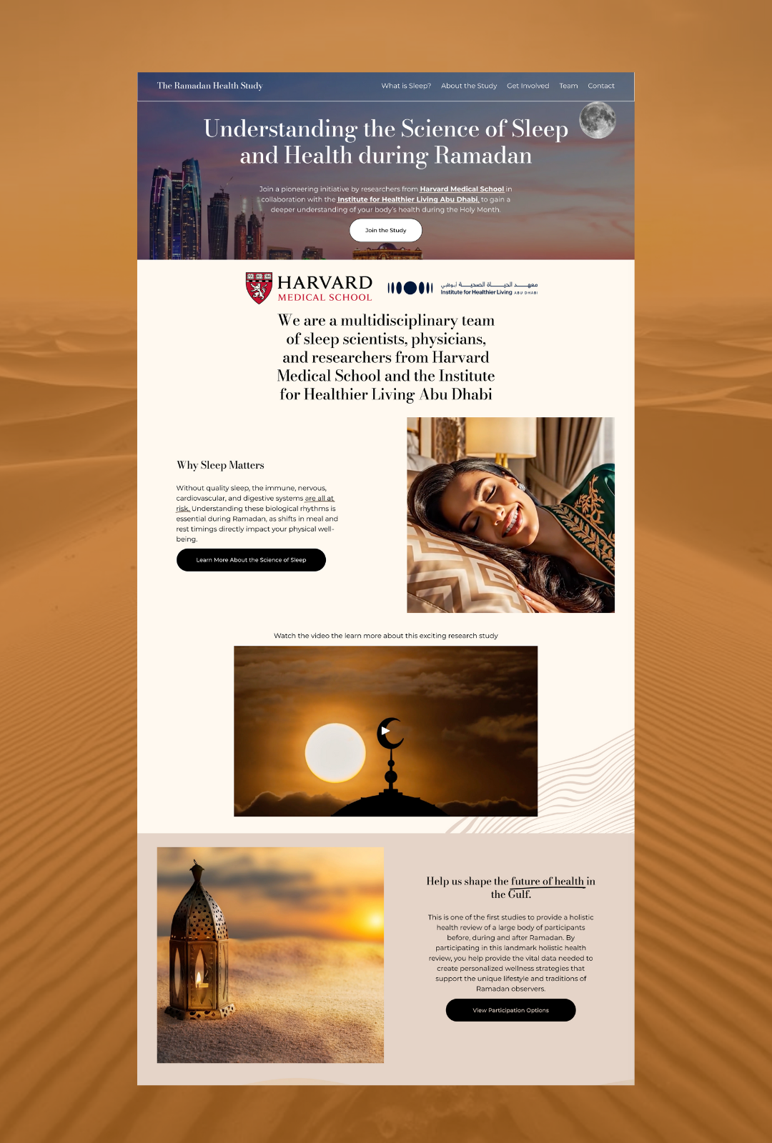 Webpage titled Understanding the Science of Sleep and Health during Ramadan. The page features logos of Harvard Medical School and the Institute for Healthier Living Abu Dhabi, a header with navigation links, a large photo of a woman sleeping, an image of a sunset silhouette with a crescent moon, and a lantern on a sand dune at sunset.