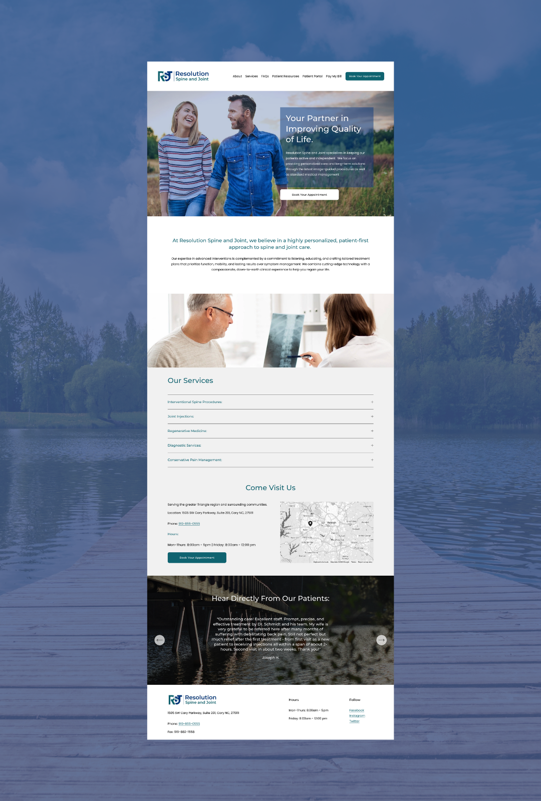 Homepage of a medical website for Resolution Spine and Joint, featuring a header with navigation links, a large hero image of a smiling couple outdoors, section about services, a map with location, patient testimonial, and contact information.