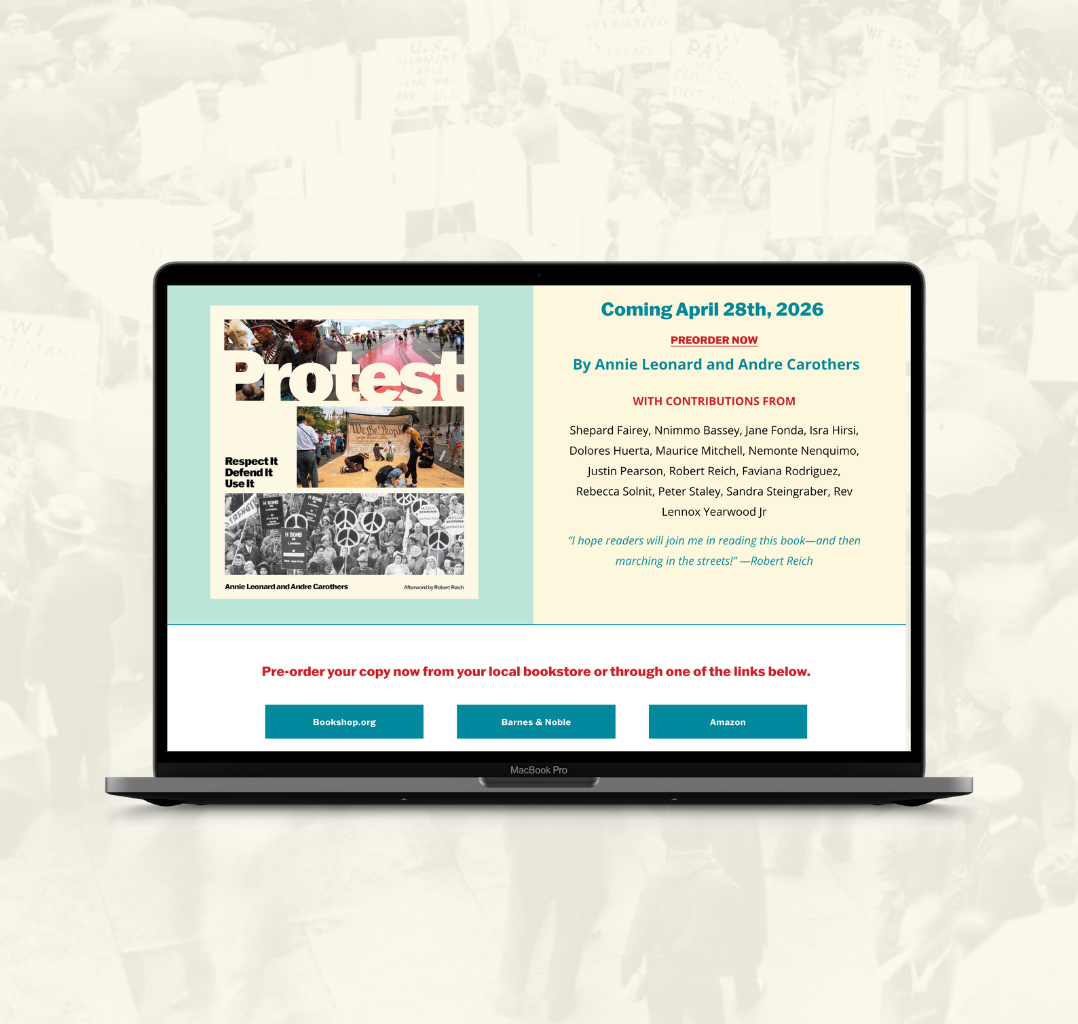 Screenshot of a book promotion webpage displayed on a MacBook Pro. The page advertises a book titled 'Protest' by Annie Leonard and Andre Cartehrs, with a release date of April 28th, 2026. The webpage includes pre-order links for Bookshop.org, Barnes