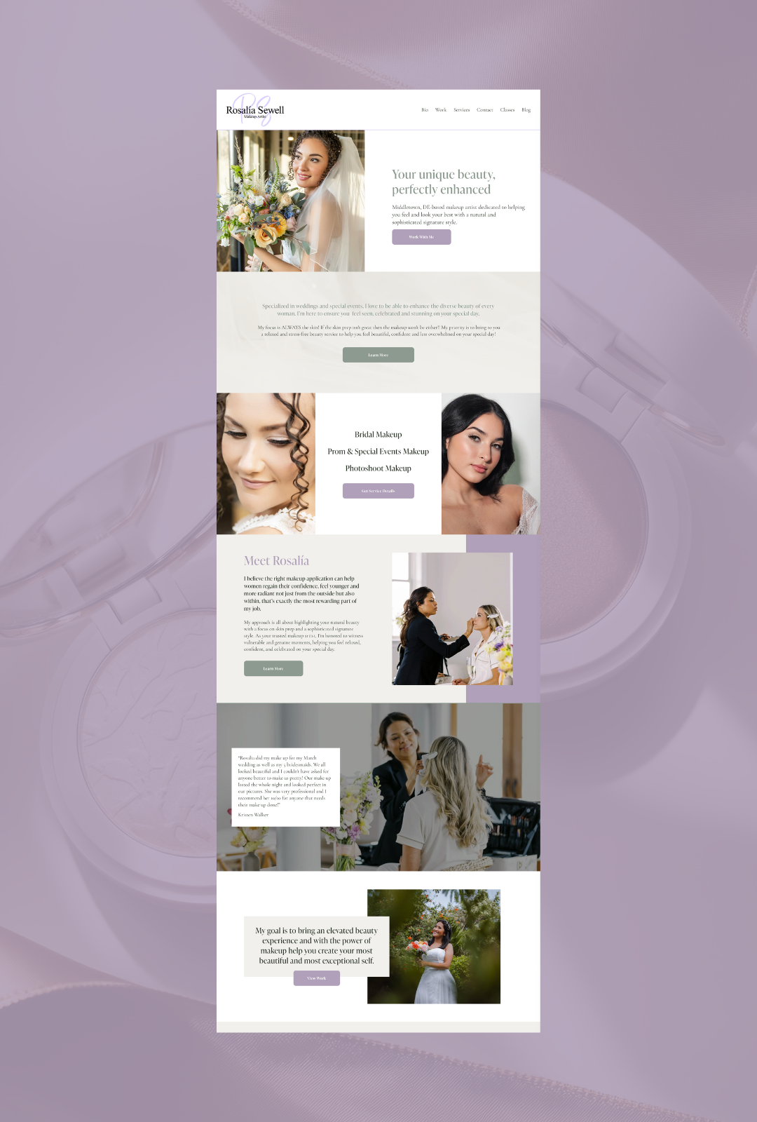 Webpage for Rosalía Sewell, a makeup artist, featuring images of women with makeup, descriptions of services like bridal and special event makeup, and personal introduction of Rosalía.