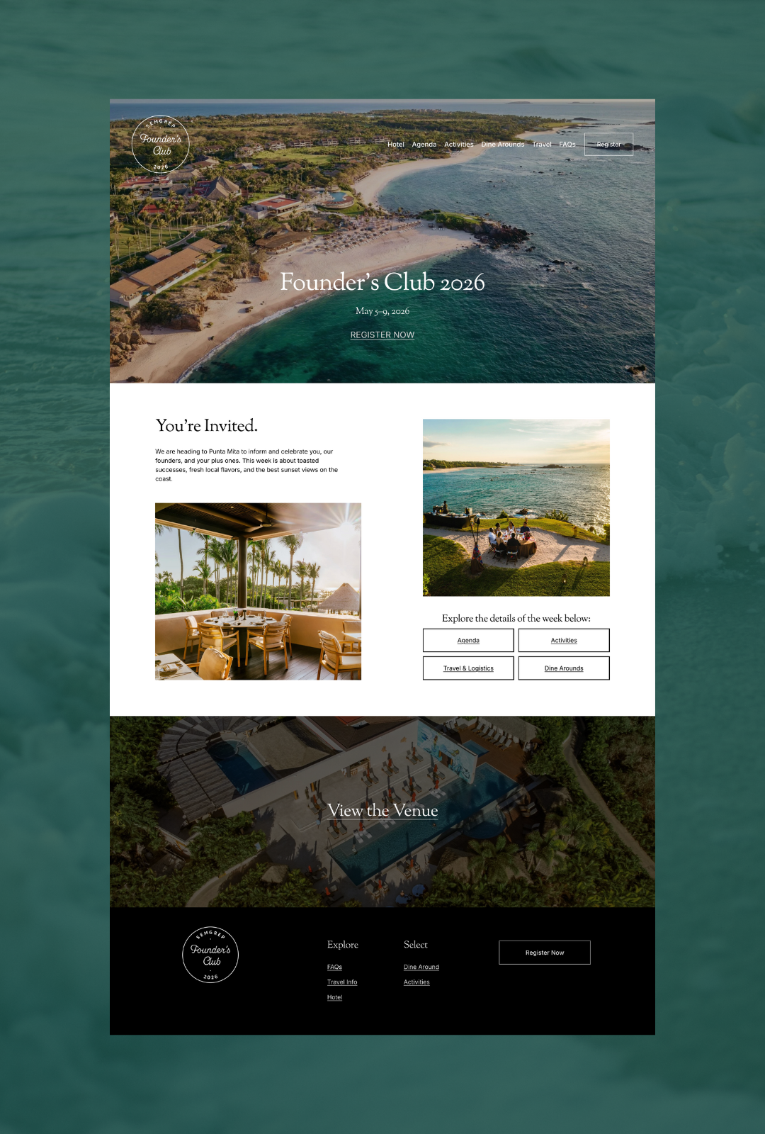 A webpage advertisement for the Founder's Club 2026 event, featuring scenic aerial views of a coastal resort, beach gatherings, dining areas, and a poolside venue.