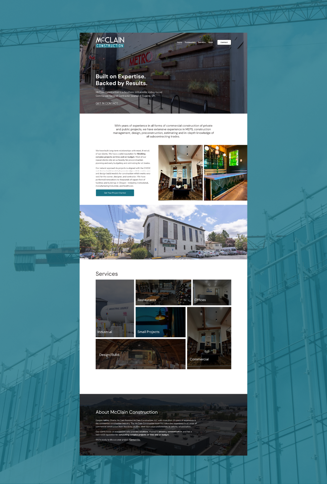 Screenshot of McClain Construction's website showing construction projects, services, and about section