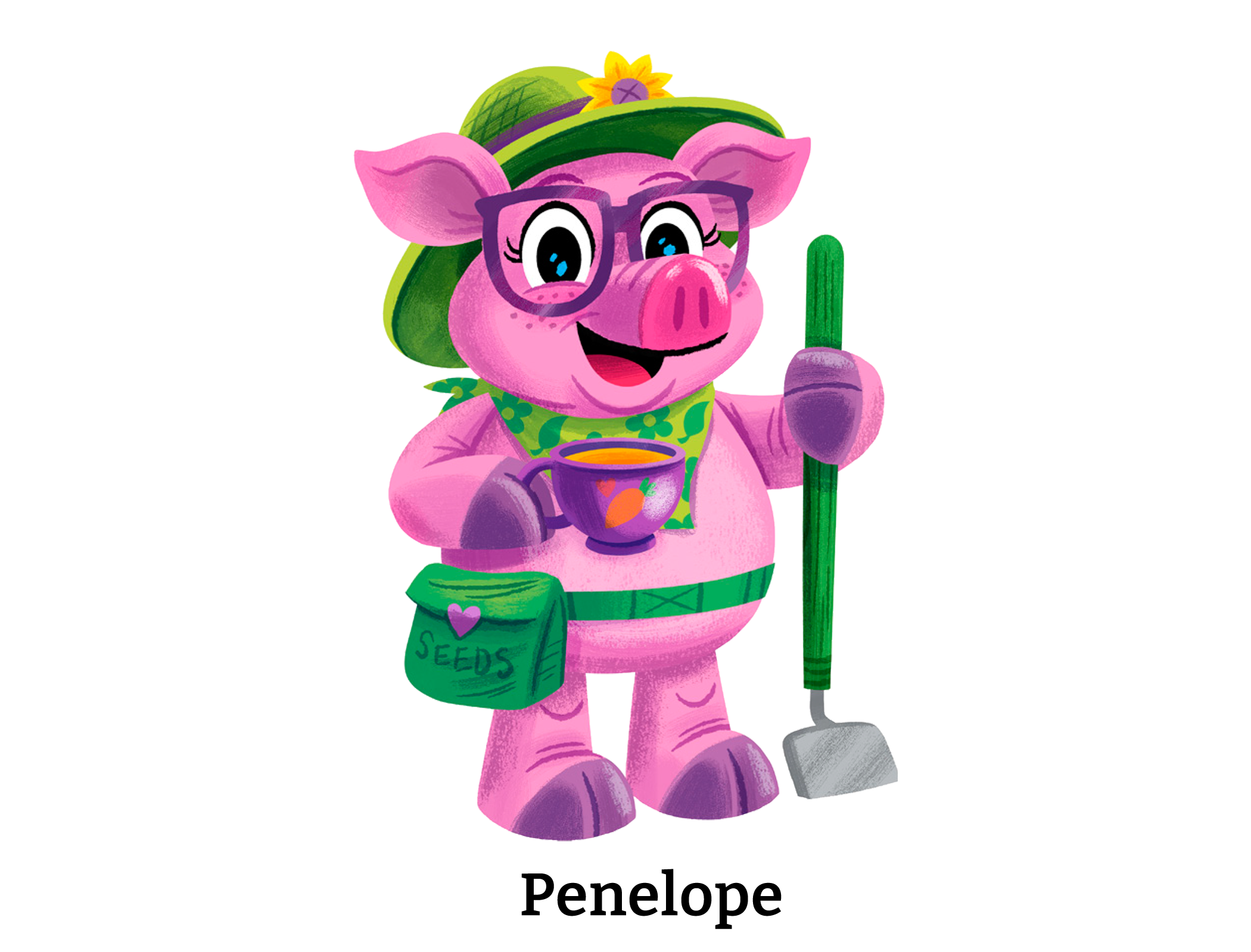 This picky pig is neat, tidy, and loves to garden. Penelope likes things a specific way
and isn’t afraid to share her opinions, but sometimes she can be a little too honest with
her friends.
