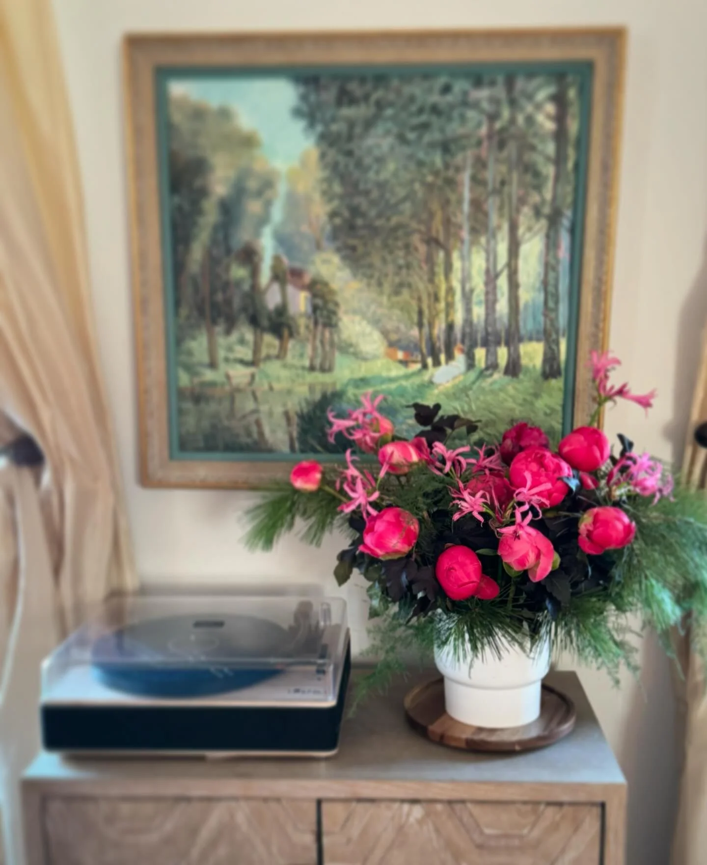 Peonies and pine