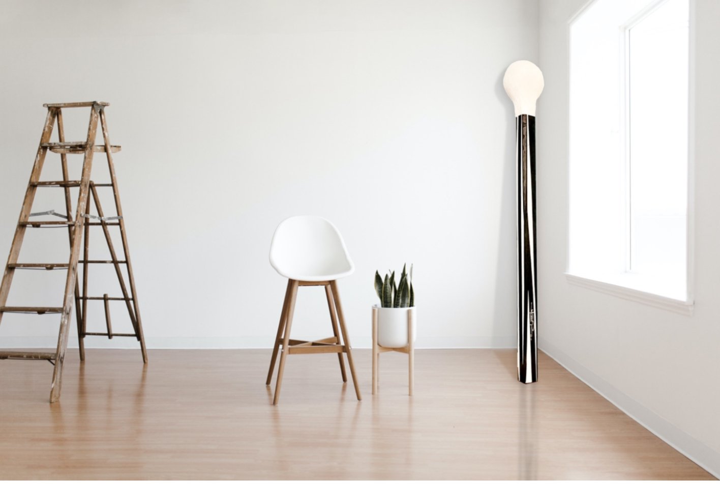 Minimalist room with wooden ladder, white chair, potted plant, and tall lamp.