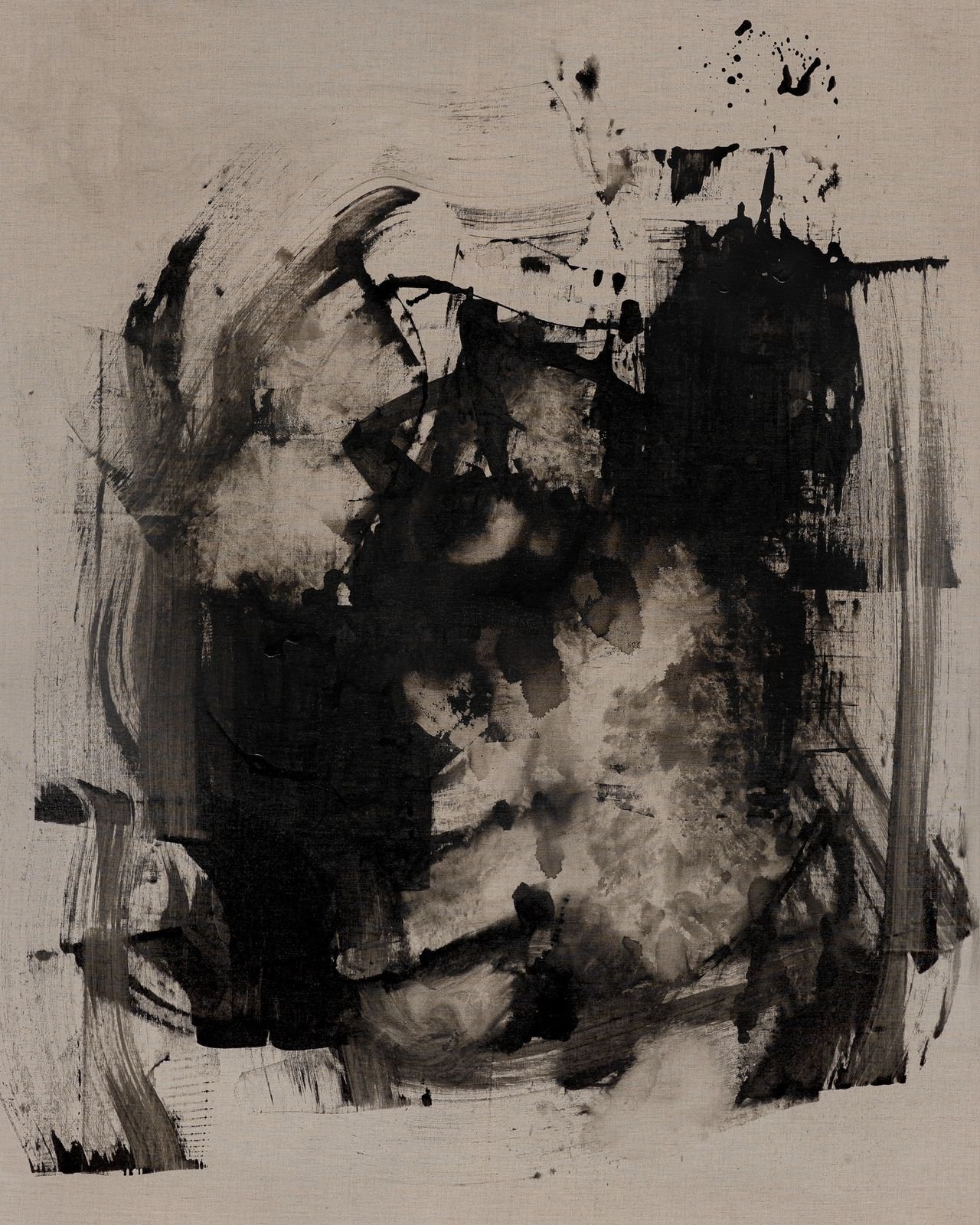 Abstract black ink painting on beige canvas with expressive brushstrokes and splatters.