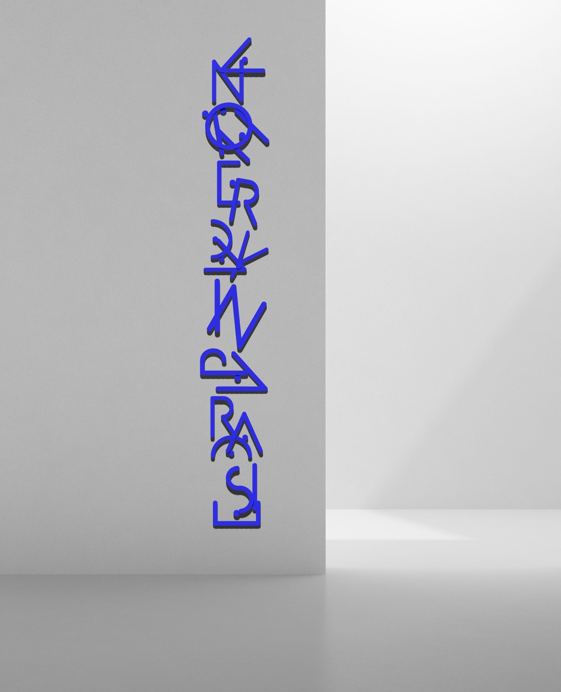 Abstract wall art with blue geometric text on a gray background
