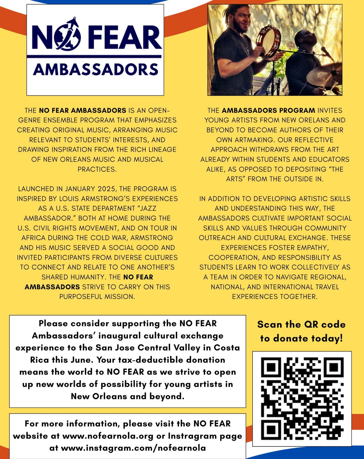 Please help spread the word about NO FEAR and our fundraising effort to support the NO FEAR Ambassadors' inaugural cultural exchange experience to Costa Rica this June.
Whether sharing NO FEAR posts with your friends or helping us build a following,