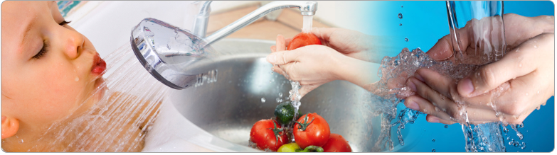 Child washing face with shower head, tomatoes being washed in a sink, and someone washing their hands