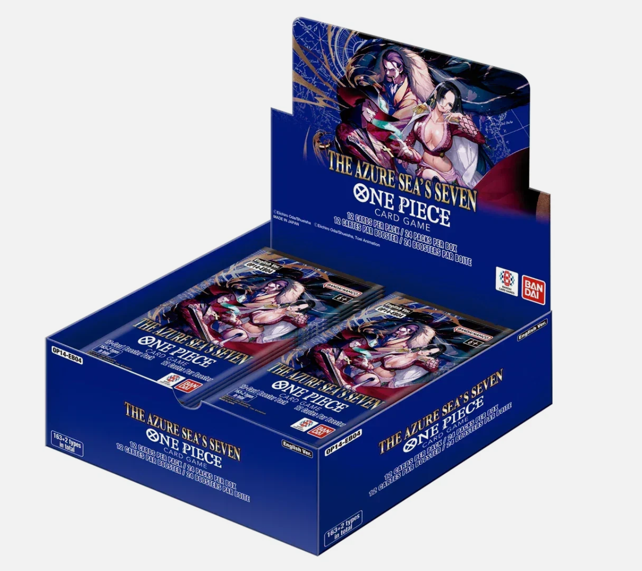 A display box of 'One Piece' card game booster packs featuring artwork of anime characters on the packaging, with blue and gold text and logos.