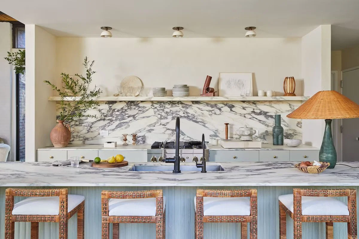 Athena Calderone Amagansett kitchen IKEA SEKTION cabinets Semihandmade Farrow and Ball Calacatta marble