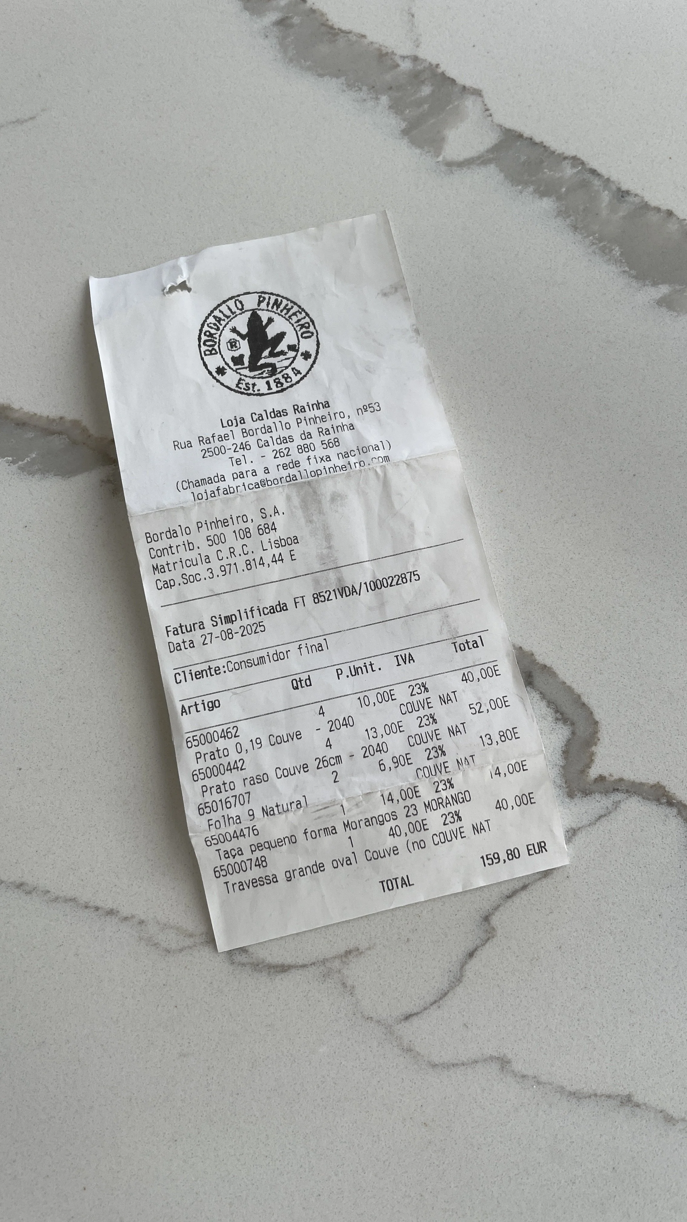 Actual receipt from the Bordallo Pinheiro Factory in Caldas da Rainha