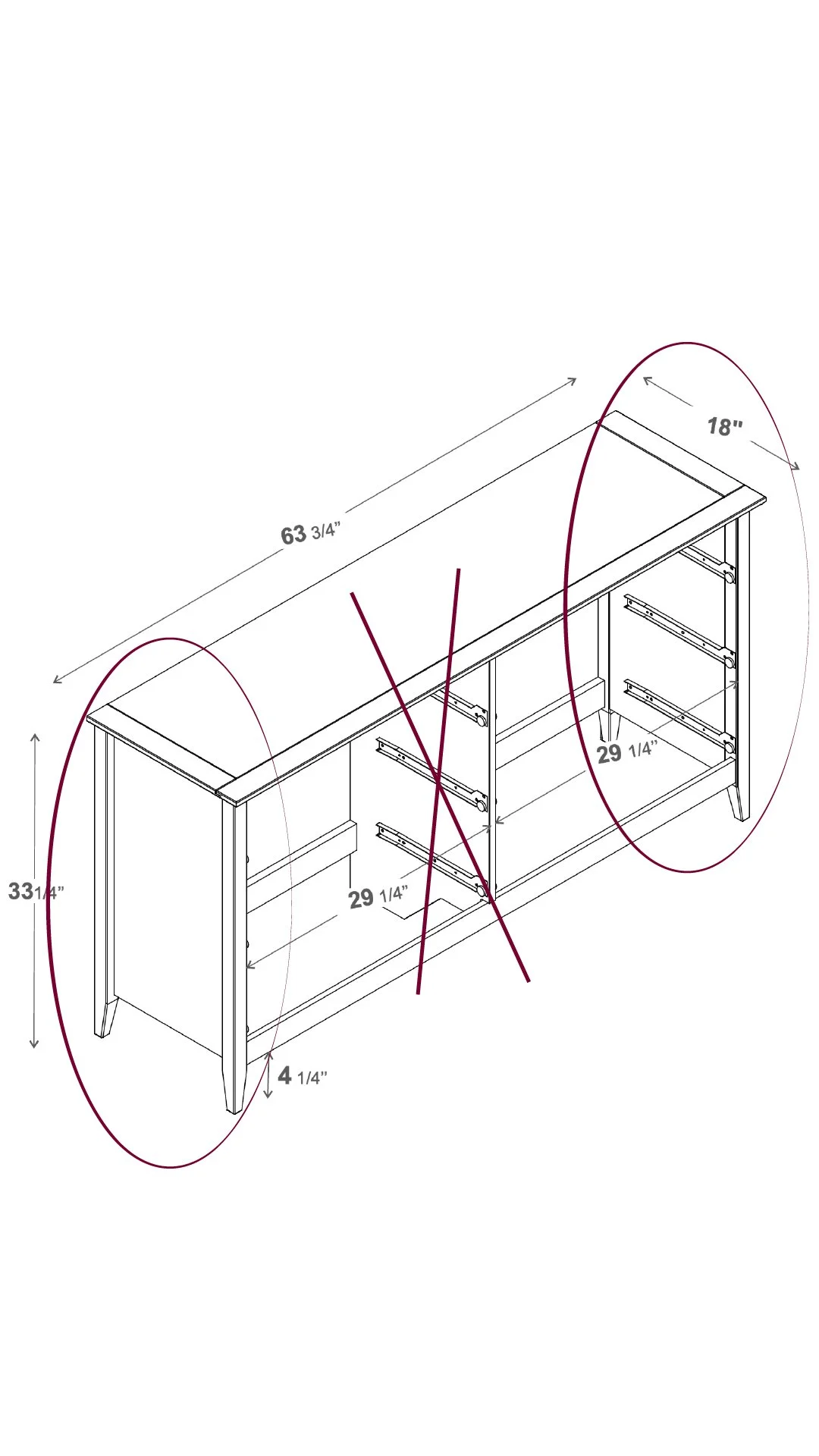 Black and white diagram of 6-drawer dresser marked up