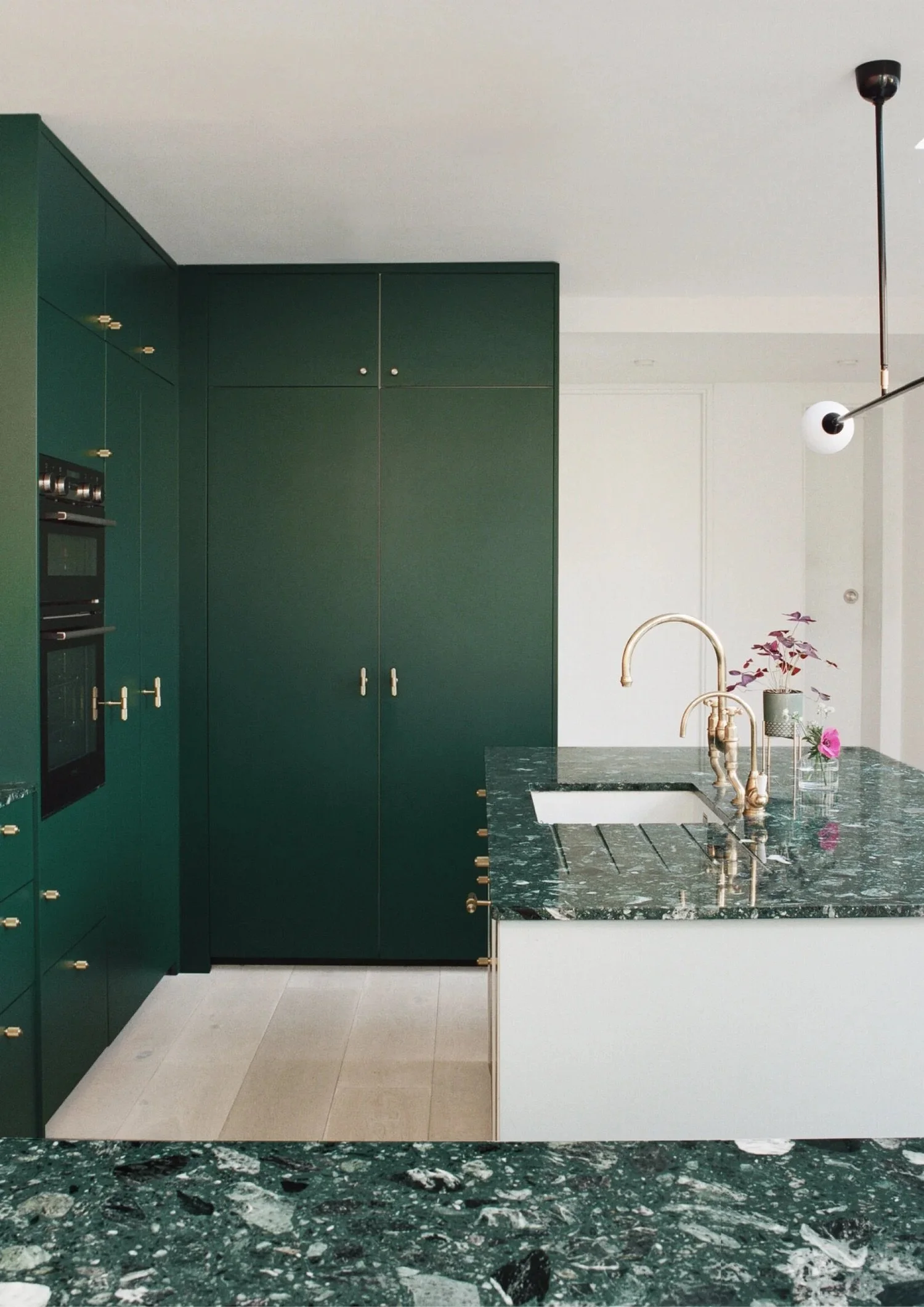 Anna Drakes Space A London Victorian kitchen IKEA cabinets Little Greene Puck marble countertop
