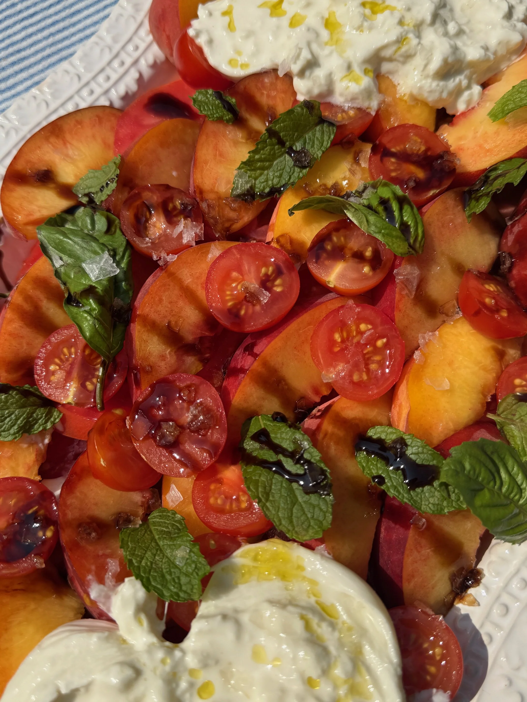 summer burrata salad, Lange Salt Co. FLake Sea Salt, Georgia peach recipes