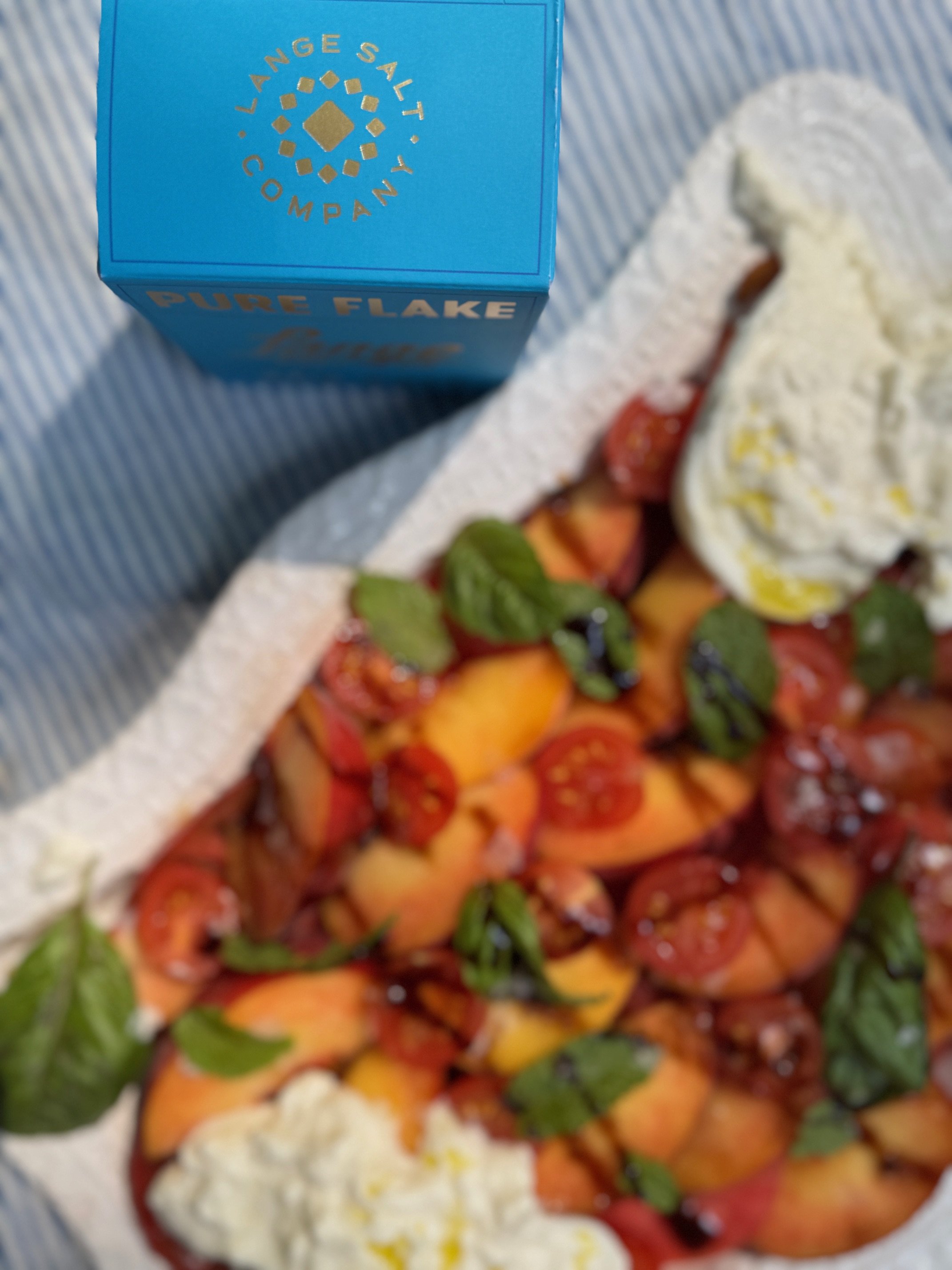 peach and heirloom tomato salad, summer burrata salad, Lange Salt Co. Pure Flake Sea Salt