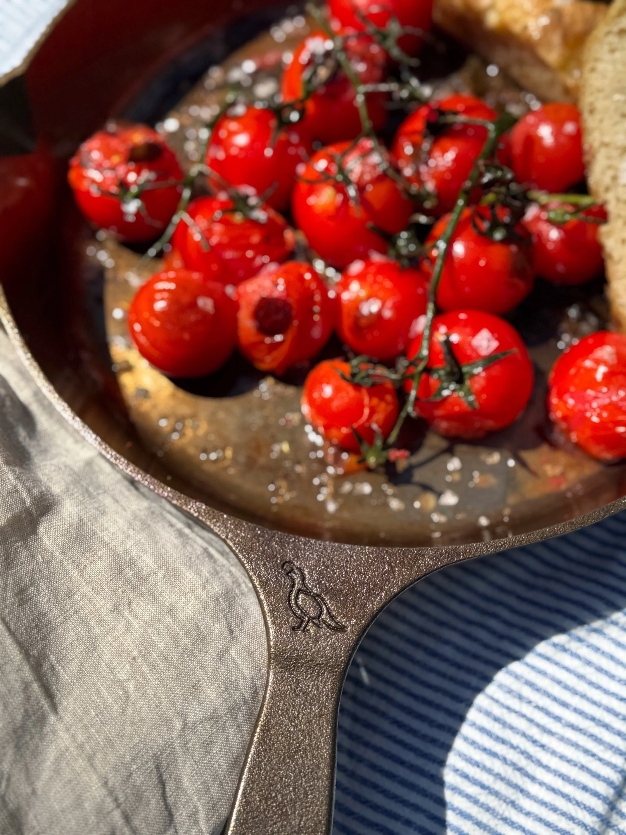 Skillet Blistered Tomatoes Recipe Finished With Lange Pure Flake Sea Salt