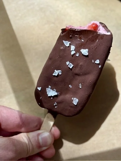Easy, healthy strawberry chocolate covered popsicles, finished with flaky sea salt, Lange Salt Co.