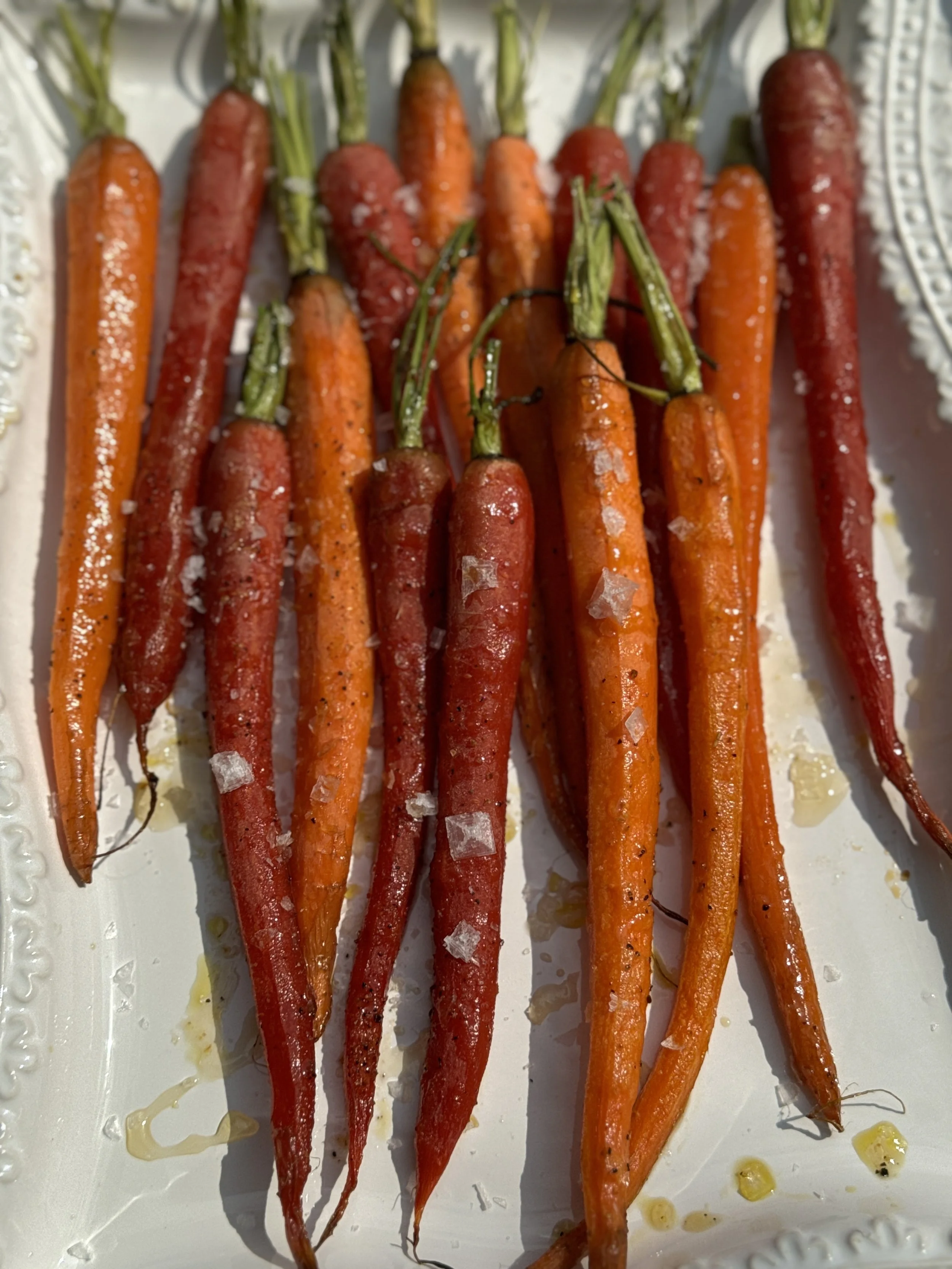 Honey Glazed Roasted Rainbow Carrots-Finished with Lange Flake Sea Salt