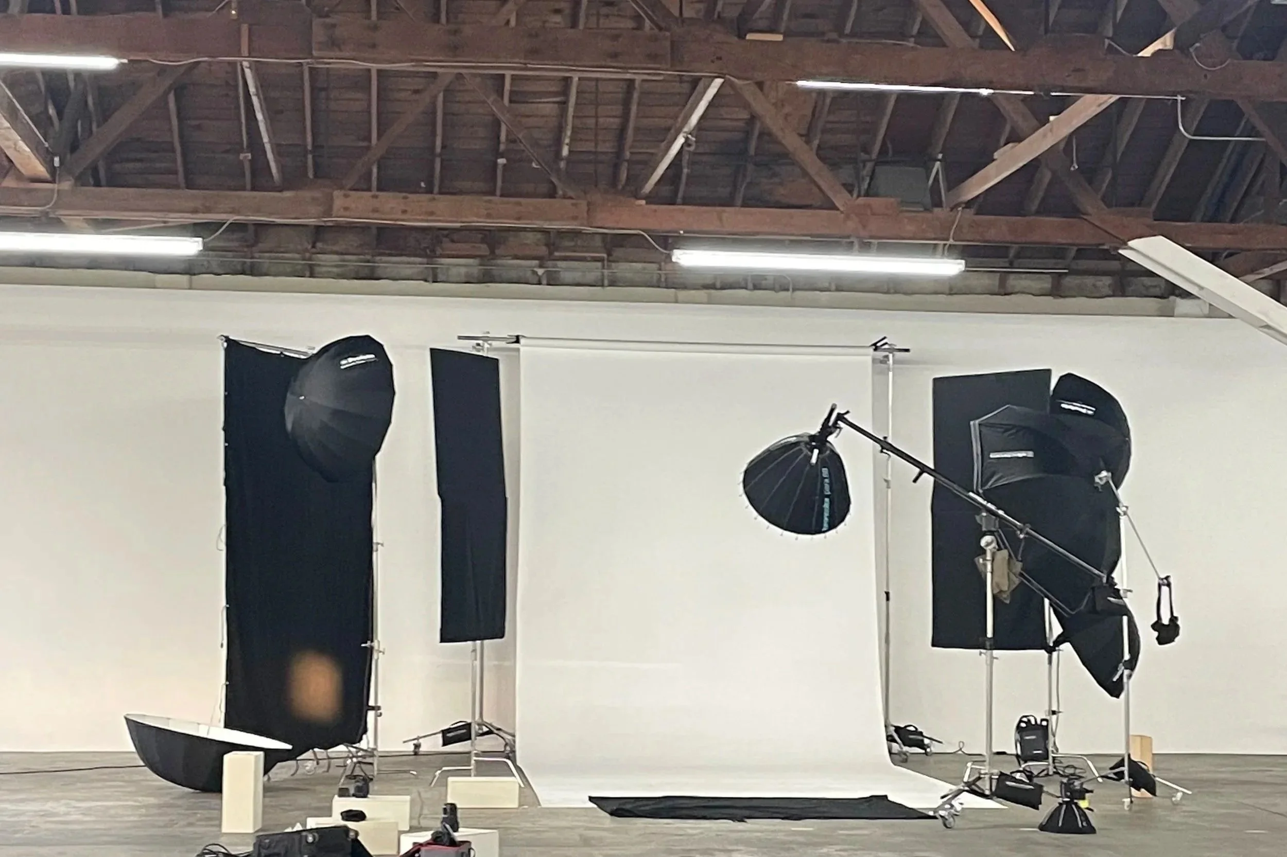 Behind the scenes shot of all of the equipment used in a typical photoshoot, rented at Mica Studios