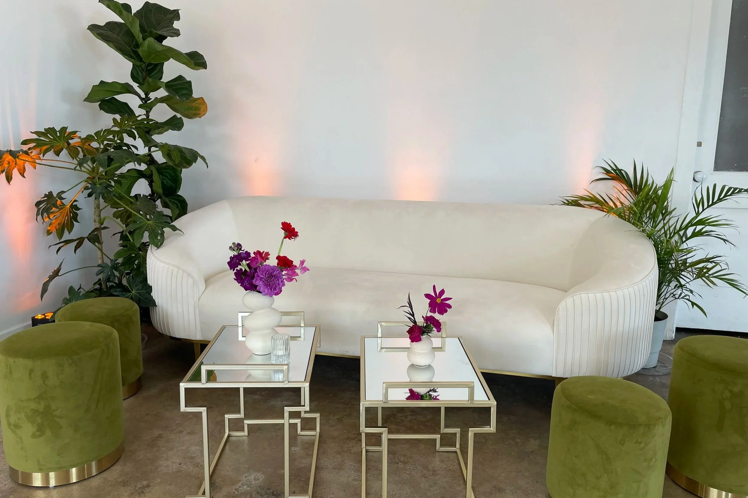Furniture being staged for a wedding at the historic Mica Studios