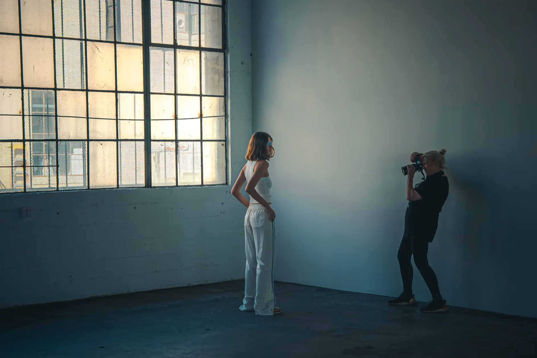 A model is photographed in natural daylight in downtown Los Angeles at a photo studio