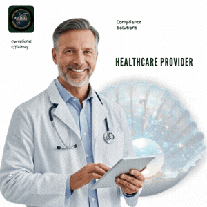 Smiling healthcare provider in white coat with stethoscope holding a tablet, standing in front of a digital background with medical icons and a fan-shaped graphical element.