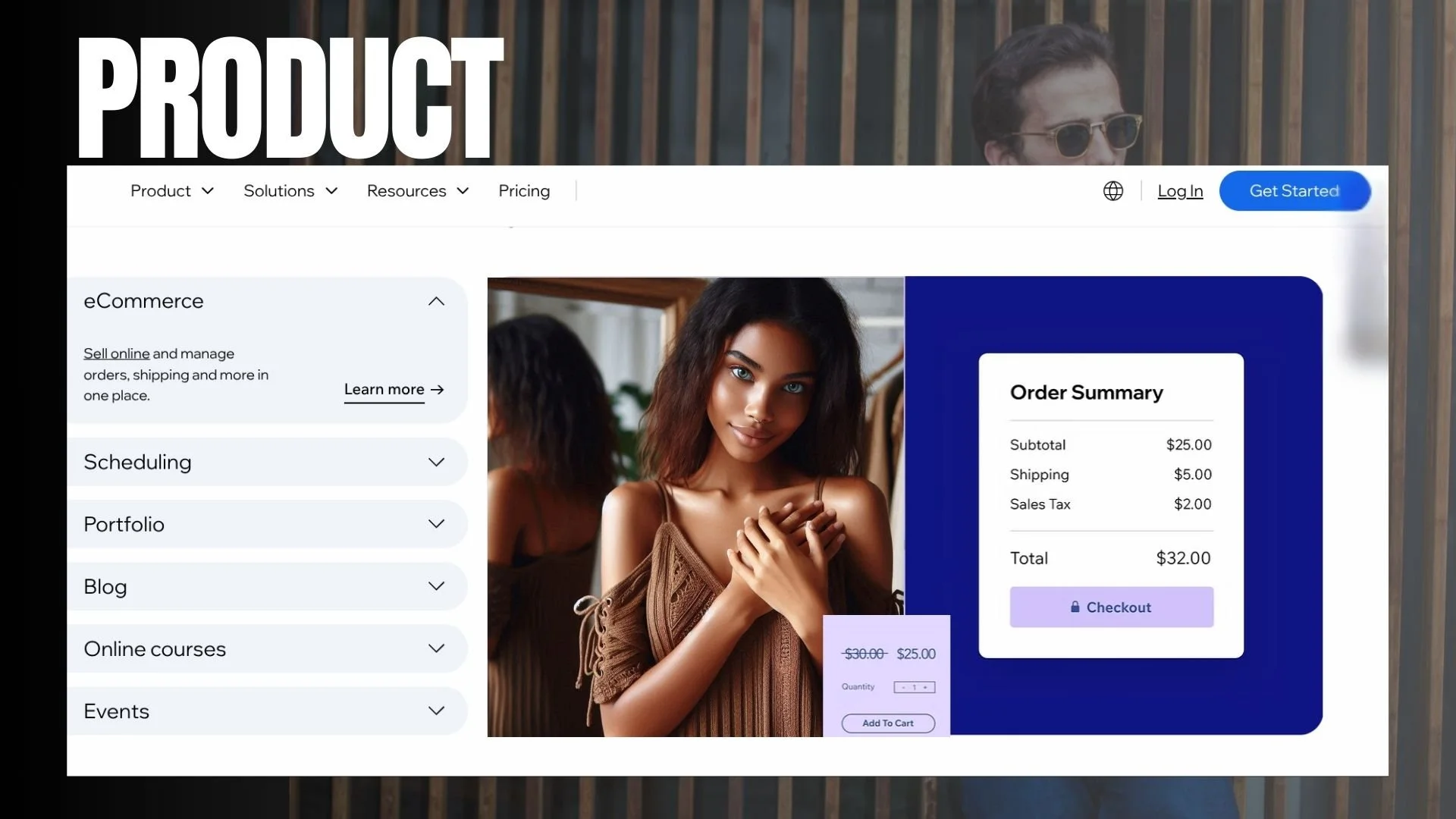 Website interface with "Product" heading, navigation bar, eCommerce options, image of a woman, and order summary box.