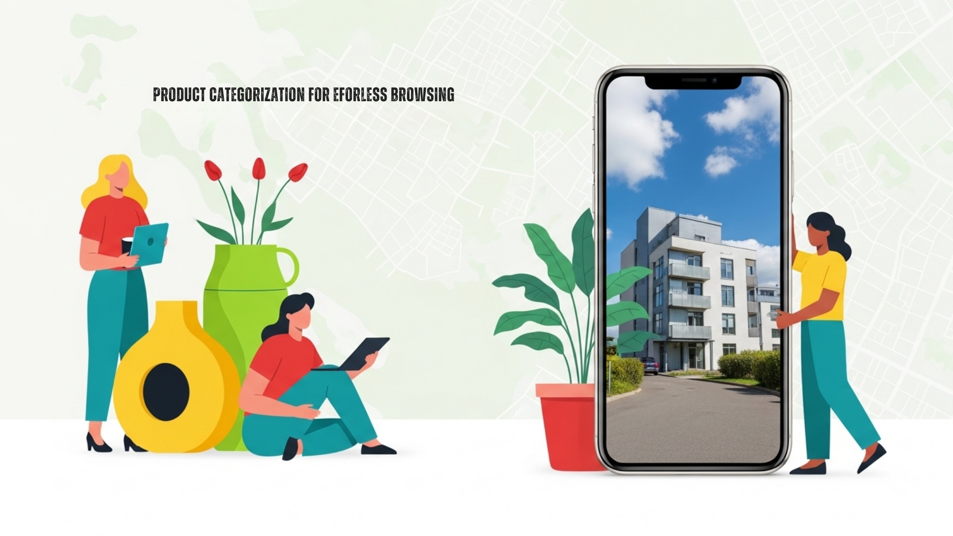 Digital illustration showing three women with tablets and a smartphone, with potted plants, abstract vases, and a background map, emphasizing product categorization for effortless browsing.