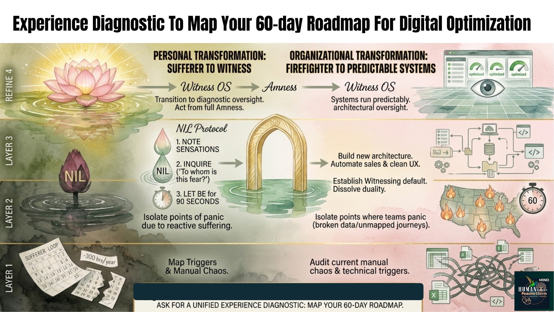 Map current manual chaos and technical triggers.
Isolate points where teams panic due to broken data or unmapped journeys.
Build new architecture to automate sales and clean user experiences.
Transition to a "Witness OS" where systems run p