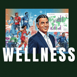 Illustration of diverse athletes and a smiling man in a suit, with wellness-related graphs and charts in the background, and the word 'WELLNESS' at the bottom. 
Emphasize customer retention rates and brand engagement metrics, aiming to increase commu