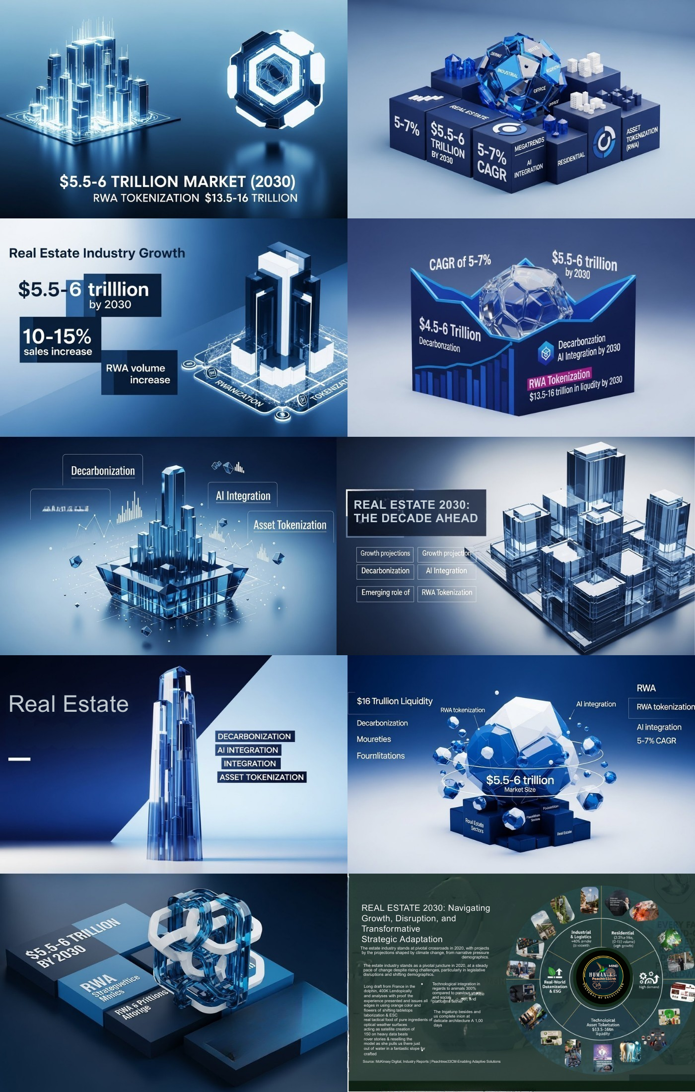 A collage of digital graphics illustrating the future of real estate and market growth, featuring charts, models, and infographics related to the $5.5-6 trillion market size by 2030, including themes of decarbonization, AI integration, and asset tokenization.