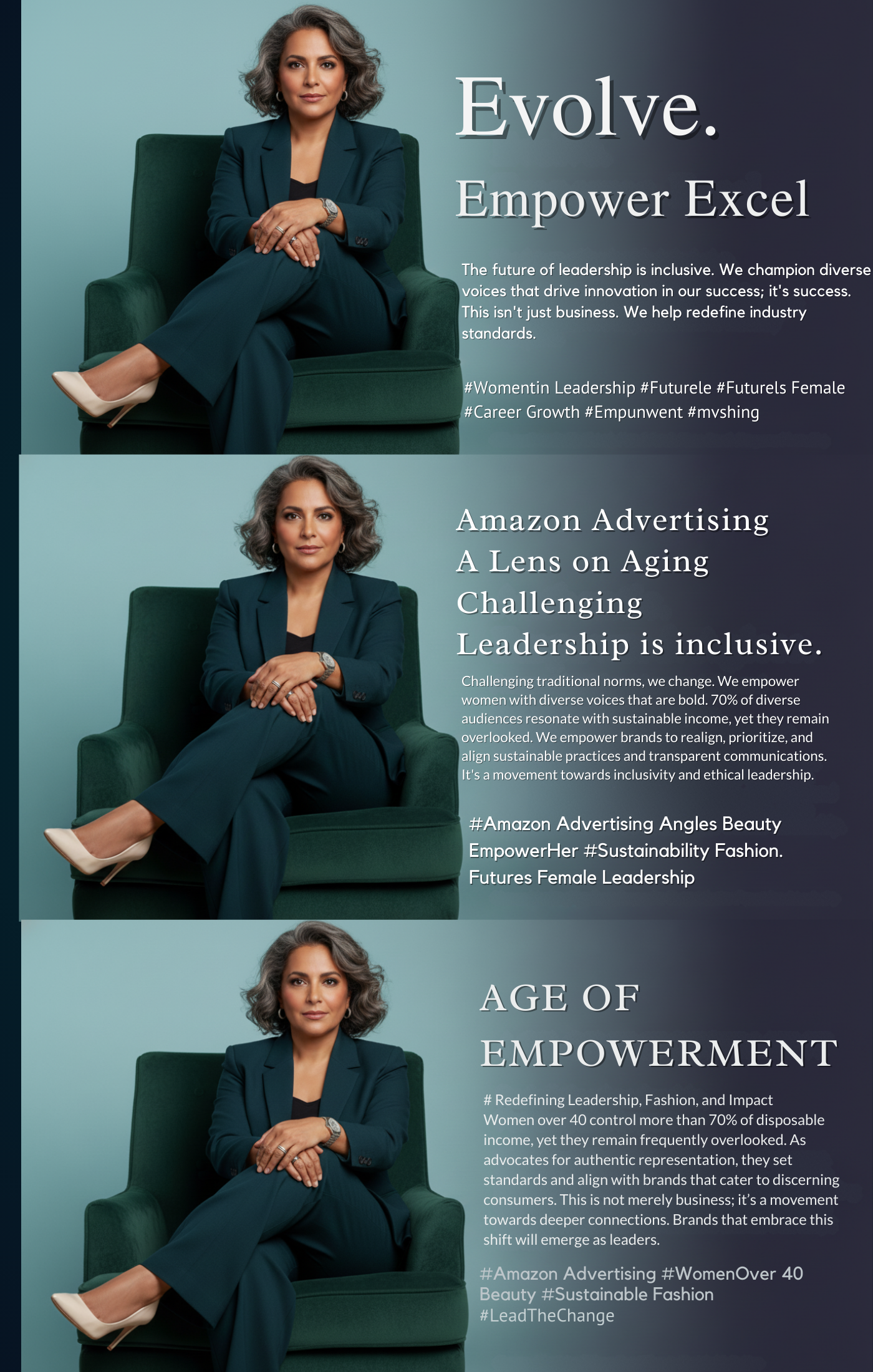 Three women in teal suits sitting in green chairs, with text overlays promoting leadership, diversity, and empowerment initiatives.
