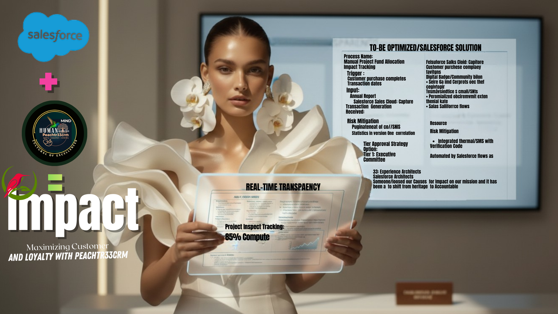 A woman in an elegant white dress holding a transparent display with text. Behind her is a large screen displaying a document with technical details. Various logos and text overlaid on the image, including 'impact', 'Maximizing Customer', and 'LOYALTY WITH PEACHTR33CRM'.