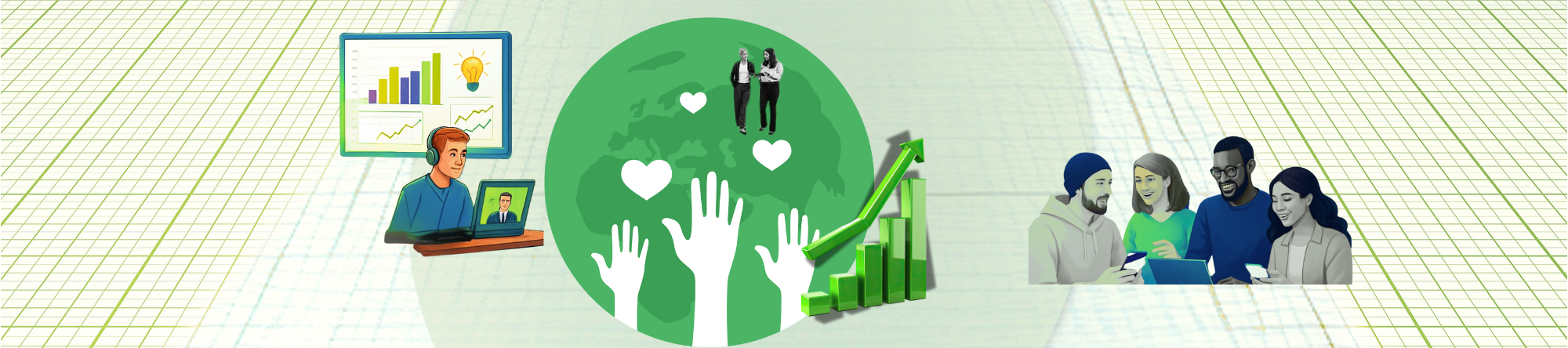 Illustration of a global environment with various elements representing teamwork, growth, and technology, including people on video calls, graphs and charts, and diverse groups of people collaborating.