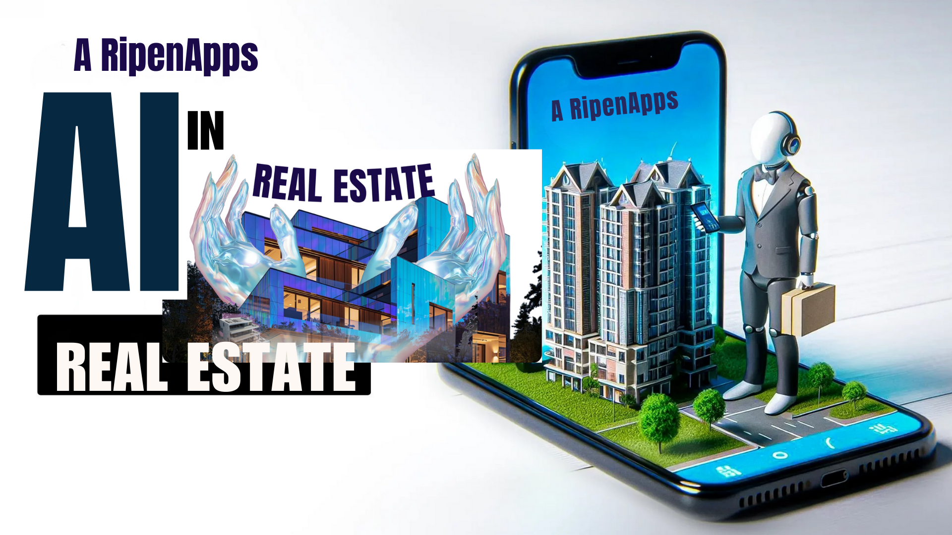 Digital rendering of a robot in a business suit holding a briefcase and a smartphone, standing on a smartphone displaying a cityscape with a building and trees, representing real estate AI technology
