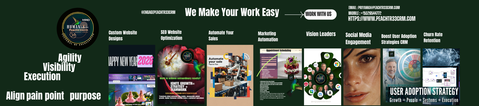 Business infographic with a green background outlining services like website design, SEO, sales automation, marketing, social media engagement, and CRM strategies, including contact details and a logo.